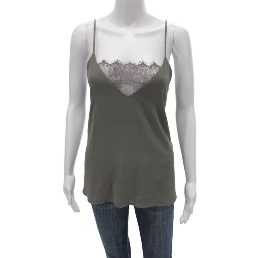 Solemio Women Gray Lace V-Neck Tank Polyester Sleeveless Size M